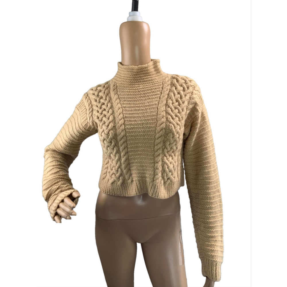Ellen Tracy Cropped Sweater Sm Tan Mock Neck 100% Pure Wool Ribbed Cable Knit